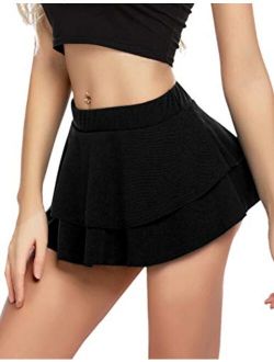 Women Pleated Mini Skirt Solid Ruffle Lingerie Skirts