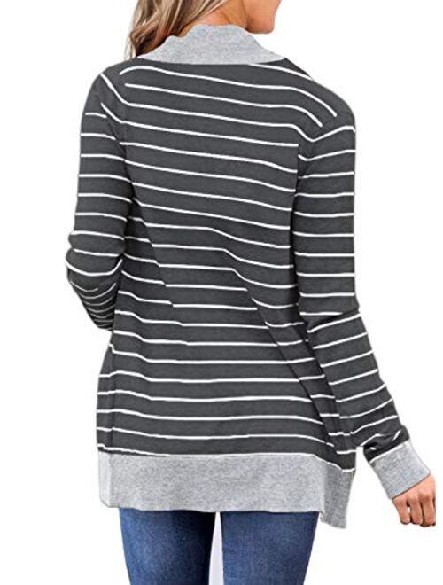YIBOCK Women Open Front Striped Cardigans Sweater Long Sleeve Casual Knit Cardigans with Pockets