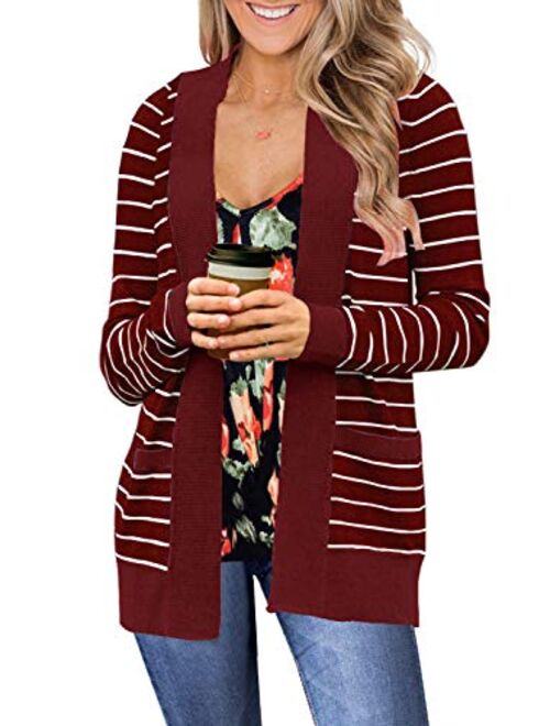 YIBOCK Women Open Front Striped Cardigans Sweater Long Sleeve Casual Knit Cardigans with Pockets