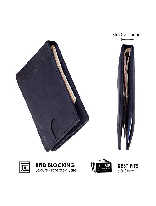 MOUNT BROWN Bifold RFID Blocking Slim Minimalist Genuine Leather Front Pocket Wallets for Men, Thin Money Clip with Pull Tab