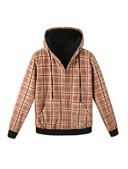 ZENTHACE Men's Thicken Sherpa Lined Checkered Flannel Hoodie Shirt Jacket