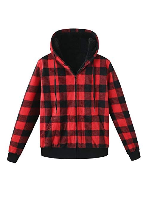 ZENTHACE Men's Thicken Sherpa Lined Checkered Flannel Hoodie Shirt Jacket