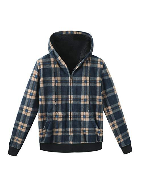 ZENTHACE Men's Thicken Sherpa Lined Checkered Flannel Hoodie Shirt Jacket