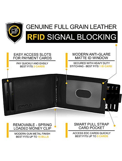 FIDELO Bifold Leather Minimalist Wallet RFID Slim Wallet for Men with Money Clip