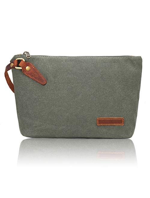 Zeamoco Canvas Clutch Purse Wristlet Pouch Wallet Large Makeup bag with Leather Strap Phone Handbag for Women Men