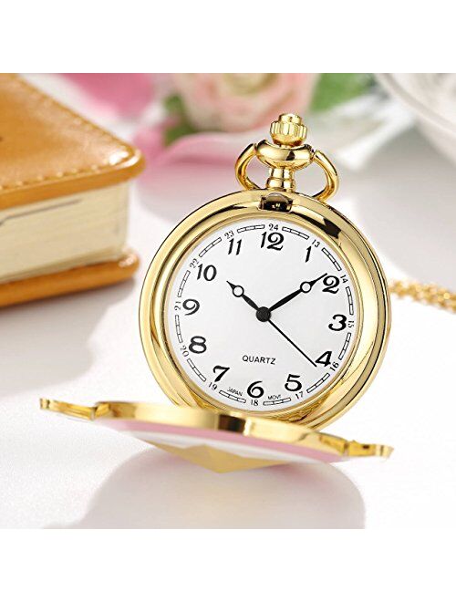 Womens Sakura Star Wings Quartz Pocket Watch with Chain + Gold Box