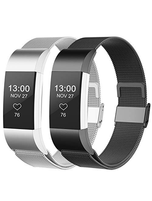 CCnutri Compatible with Fitbit Charge 2 Bands, Stainless Steel Loop Metal Mesh Bracelet for Fitbit Charge 2 Replacement Wristbands for Women Men, Large Small