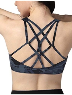 Hopgo Women's Sports Bra Medium Impact Strappy Workout Bra Cross Back Straps Yoga Bra Top