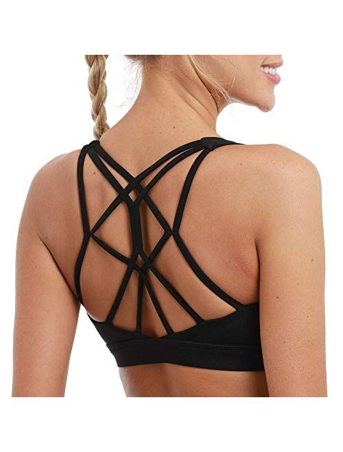 Hopgo Women's Sports Bra Medium Impact Strappy Workout Bra Cross Back Straps Yoga Bra Top