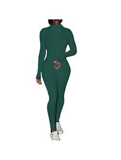 ECHOINE Womens One Piece Bodycon Jumpsuit -Sexy Long Sleeve High Waist Embroidery Zipper Romper Clubwear