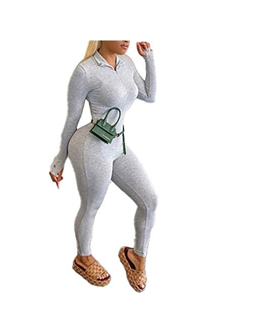 ECHOINE Womens One Piece Bodycon Jumpsuit -Sexy Long Sleeve High Waist Embroidery Zipper Romper Clubwear