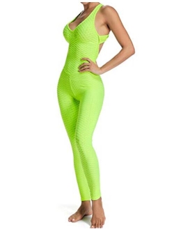 CROSS1946 Women's Textured One Piece Jumpsuits Rompers Sleeveless Strap Cross Backless Yoga Pants Bodysuit