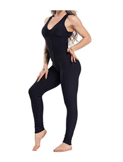 CROSS1946 Women's Textured One Piece Jumpsuits Rompers Sleeveless Strap Cross Backless Yoga Pants Bodysuit