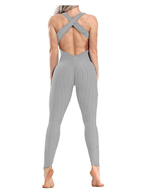 CROSS1946 Women's Textured One Piece Jumpsuits Rompers Sleeveless Strap Cross Backless Yoga Pants Bodysuit