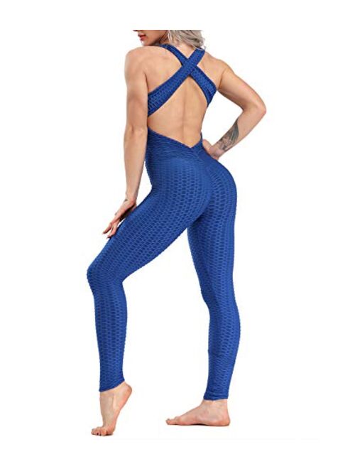 CROSS1946 Women's Textured One Piece Jumpsuits Rompers Sleeveless Strap Cross Backless Yoga Pants Bodysuit