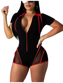 Mokoru Women's Sexy One Piece Club Outfits Front Zipper Bodycon Romper Shorts Jumpsuit Pants