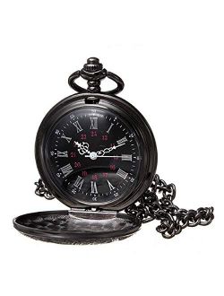 WIOR Black Classical Pocket Watch Retro Steampunk Pattern Quartz Numerals Pocket Watch with 14.5 in Chain for Xmas Birthday Fathers Day Gift