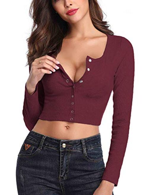 FENSACE Womens Button Down Long Sleeve Crop Top