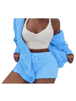 Womens Fuzzy Fleece Sexy 3 Piece Outfits Open Front Hooded Cardigan + Spaghetti Strap Crop Top Shorts Set