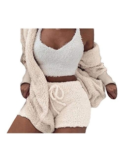 Womens Fuzzy Fleece Sexy 3 Piece Outfits Open Front Hooded Cardigan + Spaghetti Strap Crop Top Shorts Set