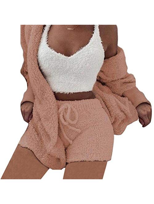 Womens Fuzzy Fleece Sexy 3 Piece Outfits Open Front Hooded Cardigan + Spaghetti Strap Crop Top Shorts Set