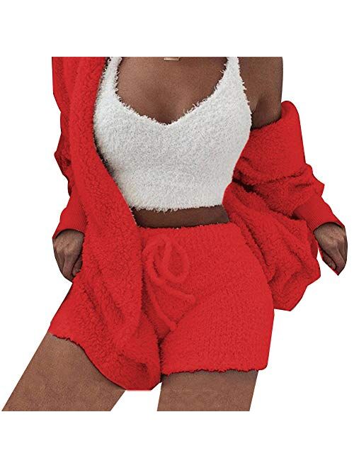 Womens Fuzzy Fleece Sexy 3 Piece Outfits Open Front Hooded Cardigan + Spaghetti Strap Crop Top Shorts Set