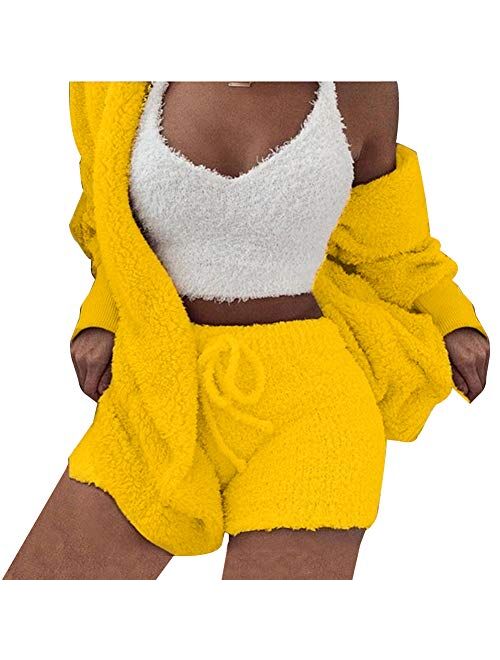 Womens Fuzzy Fleece Sexy 3 Piece Outfits Open Front Hooded Cardigan + Spaghetti Strap Crop Top Shorts Set