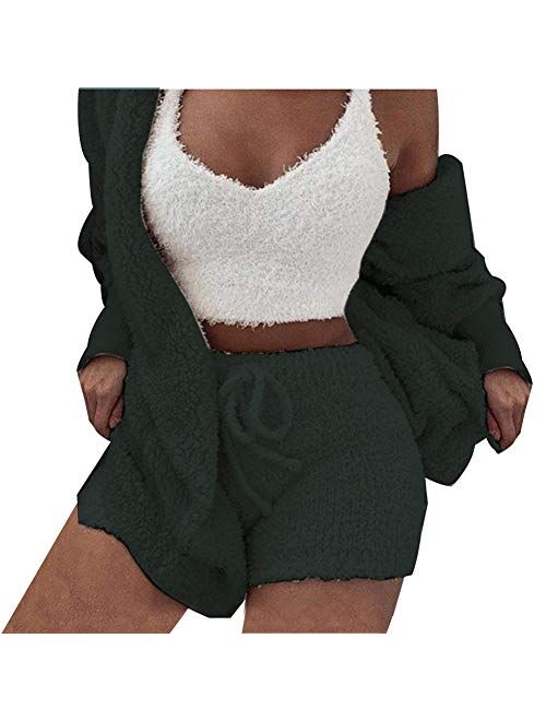 Womens Fuzzy Fleece Sexy 3 Piece Outfits Open Front Hooded Cardigan + Spaghetti Strap Crop Top Shorts Set