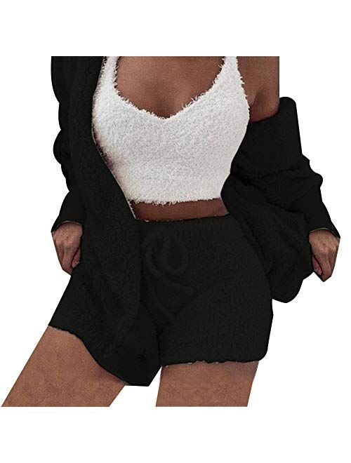 Womens Fuzzy Fleece Sexy 3 Piece Outfits Open Front Hooded Cardigan + Spaghetti Strap Crop Top Shorts Set