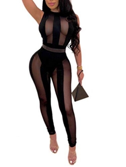 Uni ClauWomen One Piece Outfits Mesh Sheer Bodycon Jumpsuit Long Sleeve See Through Party Jumpsuits