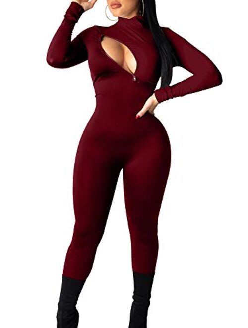 TOB Women's Sexy Long Sleeves Turtleneck Zip Closure One Piece Bodycon Jumpsuit Playsuit