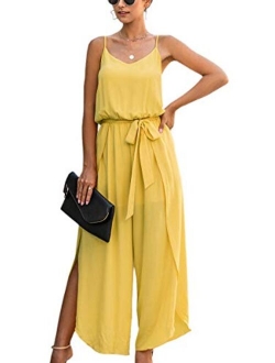 ECOWISH Womens Jumpsuit Spaghetti Strap Wide Leg Split Jumpsuits Long Overalls Summer Beach Loose Fit Rompers with Belt