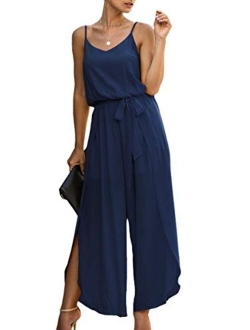 ECOWISH Womens Jumpsuit Spaghetti Strap Wide Leg Split Jumpsuits Long Overalls Summer Beach Loose Fit Rompers with Belt