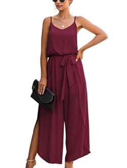 ECOWISH Womens Jumpsuit Spaghetti Strap Wide Leg Split Jumpsuits Long Overalls Summer Beach Loose Fit Rompers with Belt