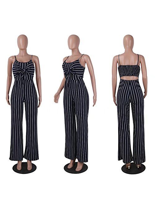 FOUNDO Women's Sexy Spaghetti Strap Striped Long Wide Leg Jumpsuit Rompers Pants