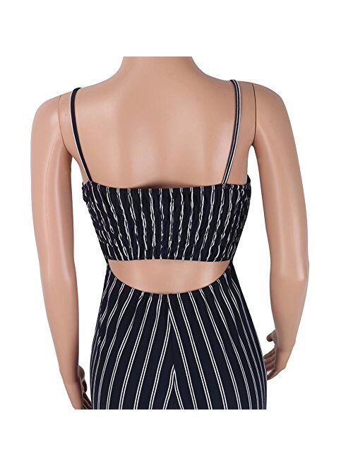 FOUNDO Women's Sexy Spaghetti Strap Striped Long Wide Leg Jumpsuit Rompers Pants