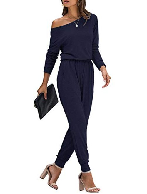 ReachMe Womens Long Sleeve Off Shoulder Jumpsuit with Pockets Elastic Waist Romper One Piece Jumpers