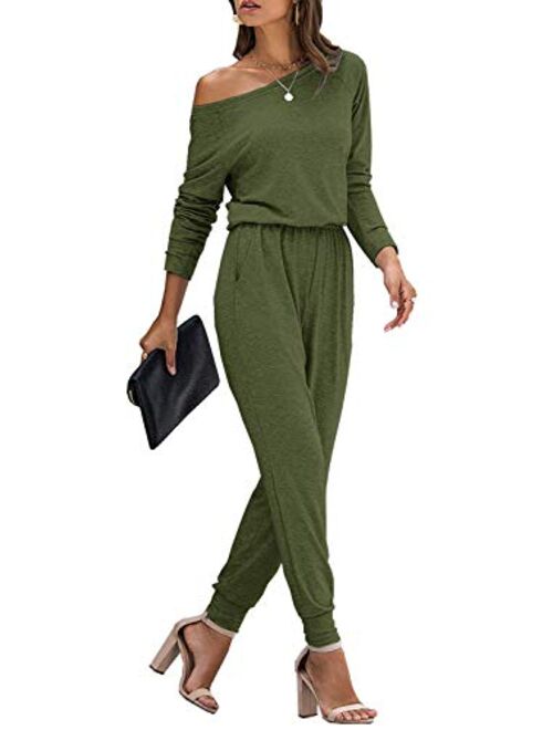 ReachMe Womens Long Sleeve Off Shoulder Jumpsuit with Pockets Elastic Waist Romper One Piece Jumpers