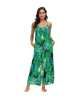 Wexcen Womens Floral Printed Jumpsuits Casual Sleeveless Spaghetti Strap Rompers Wide Leg Pants with Two Pockets