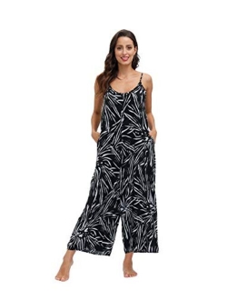 Wexcen Womens Floral Printed Jumpsuits Casual Sleeveless Spaghetti Strap Rompers Wide Leg Pants with Two Pockets