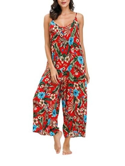 Wexcen Womens Floral Printed Jumpsuits Casual Sleeveless Spaghetti Strap Rompers Wide Leg Pants with Two Pockets