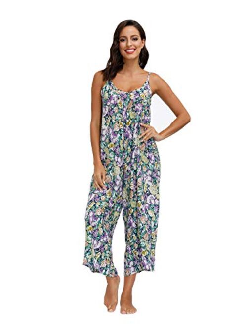 Wexcen Womens Floral Printed Jumpsuits Casual Sleeveless Spaghetti Strap Rompers Wide Leg Pants with Two Pockets