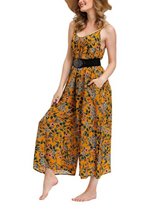 Wexcen Womens Floral Printed Jumpsuits Casual Sleeveless Spaghetti Strap Rompers Wide Leg Pants with Two Pockets