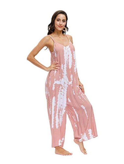 Wexcen Womens Floral Printed Jumpsuits Casual Sleeveless Spaghetti Strap Rompers Wide Leg Pants with Two Pockets