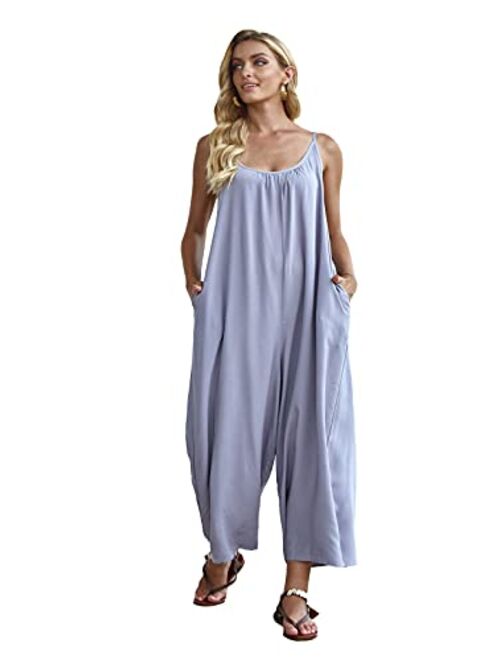 Wexcen Womens Floral Printed Jumpsuits Casual Sleeveless Spaghetti Strap Rompers Wide Leg Pants with Two Pockets