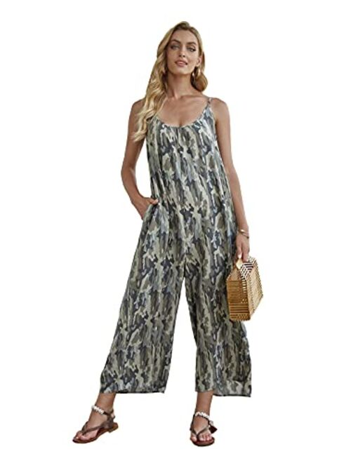 Wexcen Womens Floral Printed Jumpsuits Casual Sleeveless Spaghetti Strap Rompers Wide Leg Pants with Two Pockets