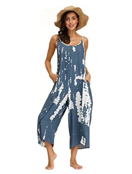 Wexcen Womens Floral Printed Jumpsuits Casual Sleeveless Spaghetti Strap Rompers Wide Leg Pants with Two Pockets