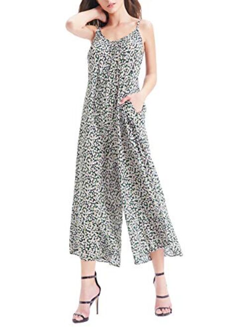 Wexcen Womens Floral Printed Jumpsuits Casual Sleeveless Spaghetti Strap Rompers Wide Leg Pants with Two Pockets