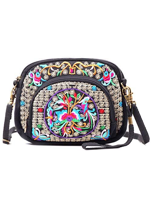 Handmade Embroidered Backpack for Women, Mazexy Boho Shoulder Bag Vintage Ethnic Flower Cross-body Bag