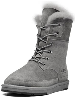 Aumu Womens Shearling Leather Sheepskin Classic Lace up Mid Calf Flat Fur Winter Snow Boots